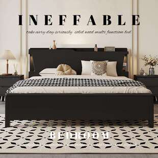 高端主卧大床民宿黑色美式复古床架带床头实木床1米8加床垫双人床