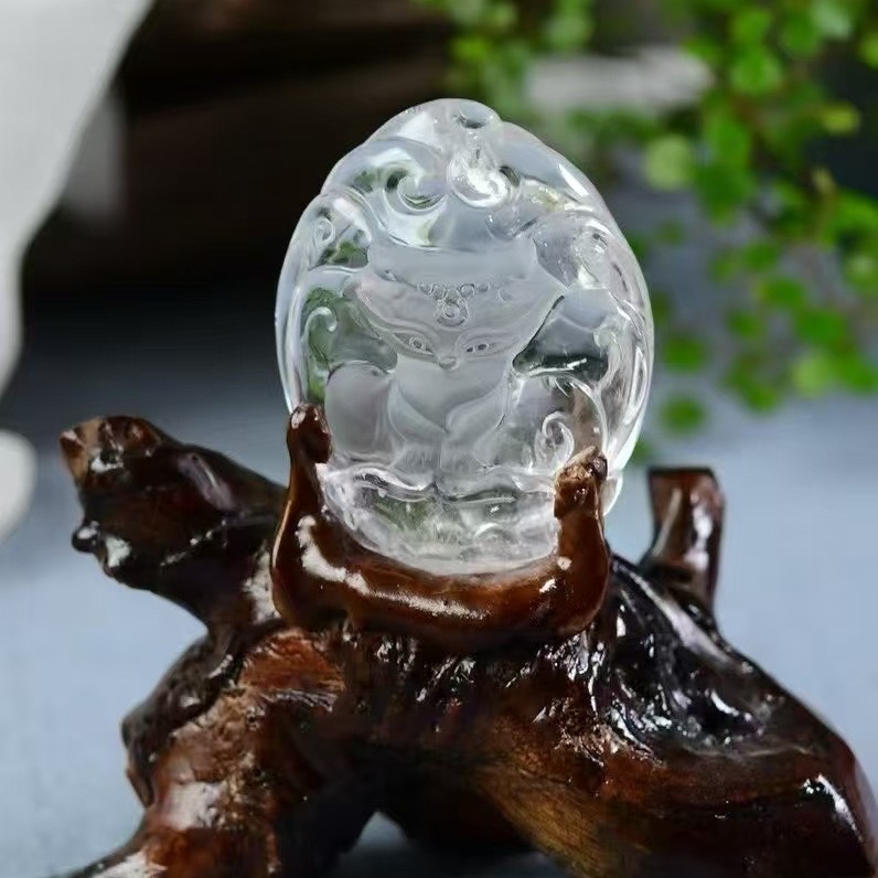 精品上新 收藏款天然白水晶胶花九尾狐狸摆件 茶黄水晶彩胶花摆件
