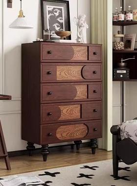 法式实木五斗柜卧室客厅小户型收纳斗柜复古中古风储物柜靠墙