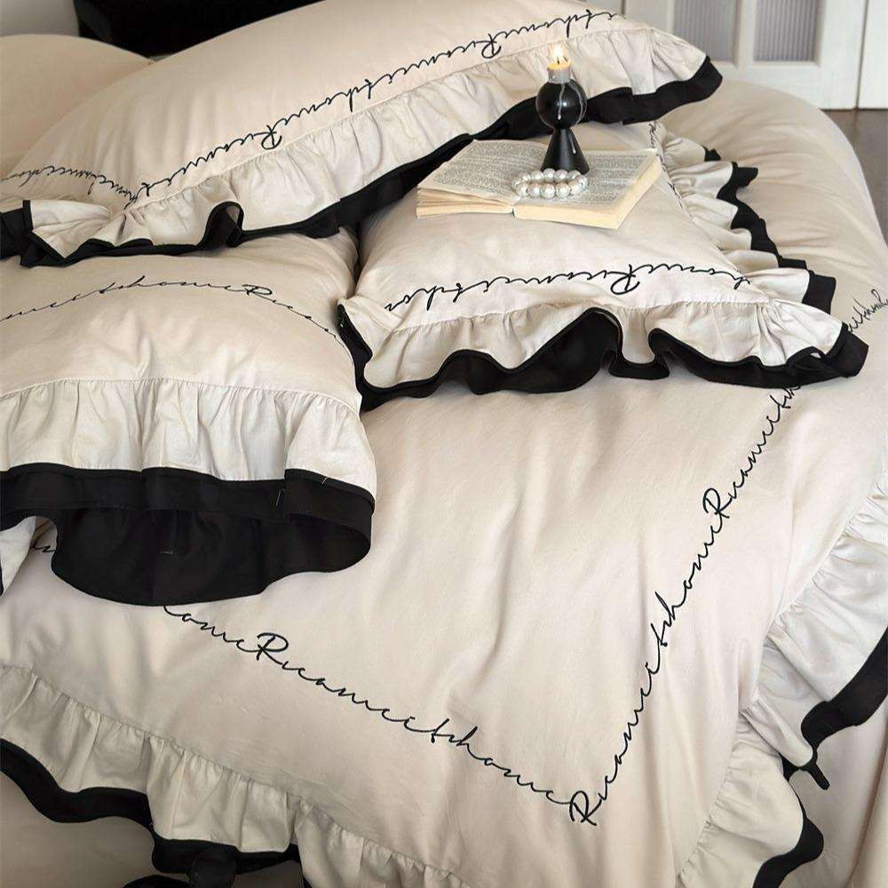 复古黑色花边50支全棉贡缎磨毛四件套法式风简约刺绣被套床上用品