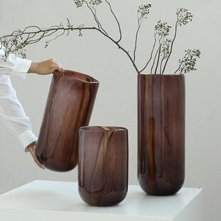 新中式不规则渐变落地直筒三件套玻璃花瓶简约吊钟马醉木家用装饰