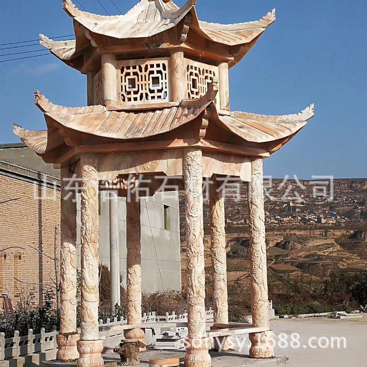 户外景区晚霞红石雕仿古凉亭
