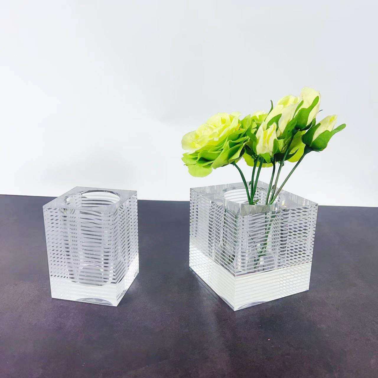 现代简约欧式轻奢水晶玻璃条纹笔筒花器摆件样板房售楼处书房软装