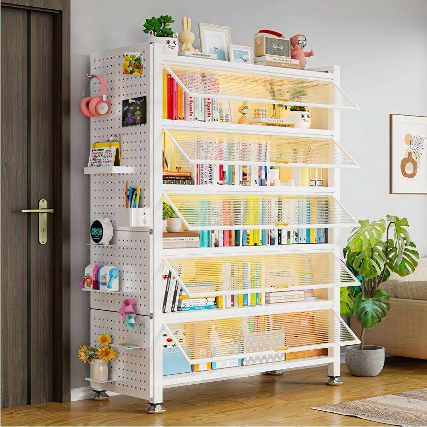 家用钢制书柜落地防尘储物柜出租屋收纳柜带门置物架翻盖儿童书架