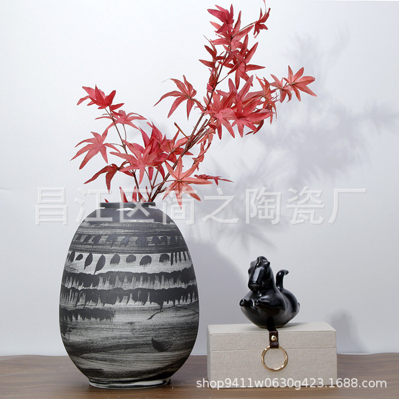 新中式花瓶手绘落地客厅茶几餐桌插花陶瓷花器样板房售楼处装饰品