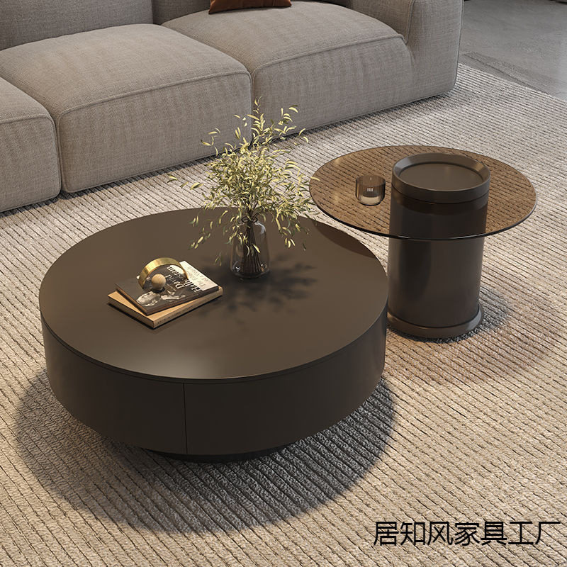 意式轻奢岩板茶几简约客厅小户型茶室感圆形极简家用茶桌组合