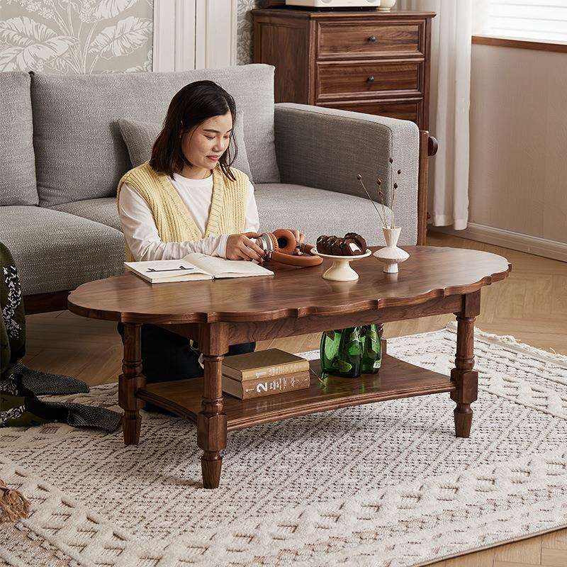 美式复古北美黑胡桃全实木茶几小户型客厅法式花瓣茶桌茶台矮桌