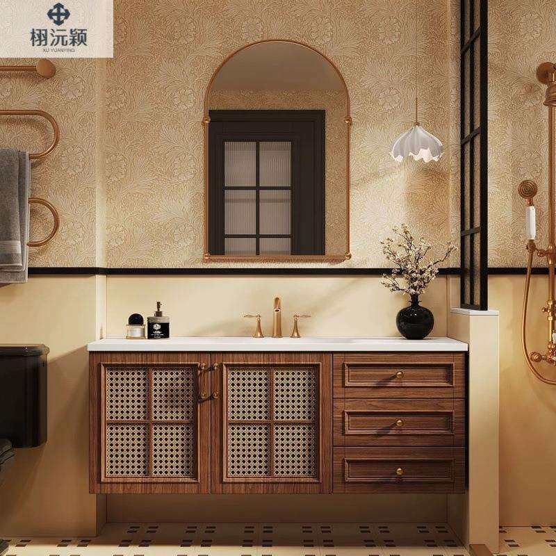 中古风浴室柜实木烤漆洗手台卫生间洗漱台组合复古编藤陶瓷一体盆