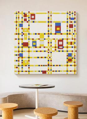波兰极简抽象格子纯手绘油画客厅挂画玄关装饰画蒙德里安世界名画