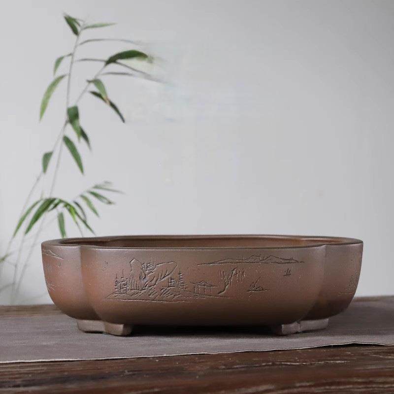 宜兴紫砂海棠形日式仿古透气刻绘大号松柏杜鹃老鸭柿盆景专用花盆