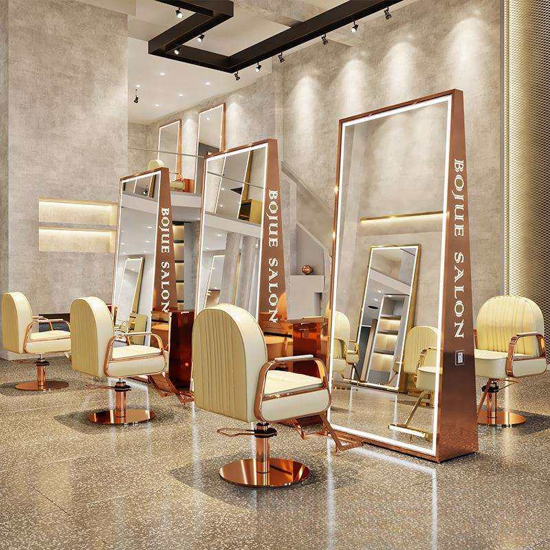 网红理发店镜台单双面落地镜美发店镜子带灯不锈钢剪发镜发廊专用