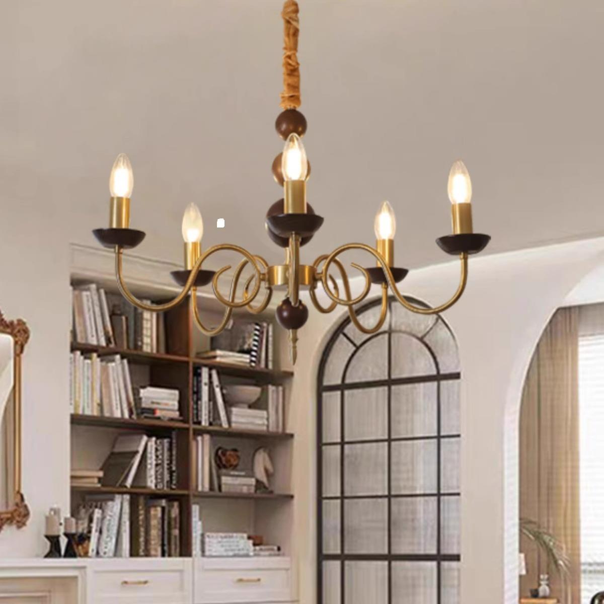 实木美式蜡烛吊灯法式中古风客厅餐厅卧室灯胡桃木色美式风书房灯