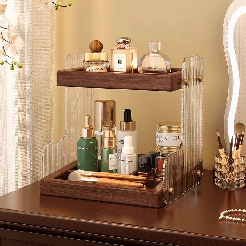 实木化妆品复古收纳盒梳妆台桌面香水置物架护肤品口红收纳首饰盒