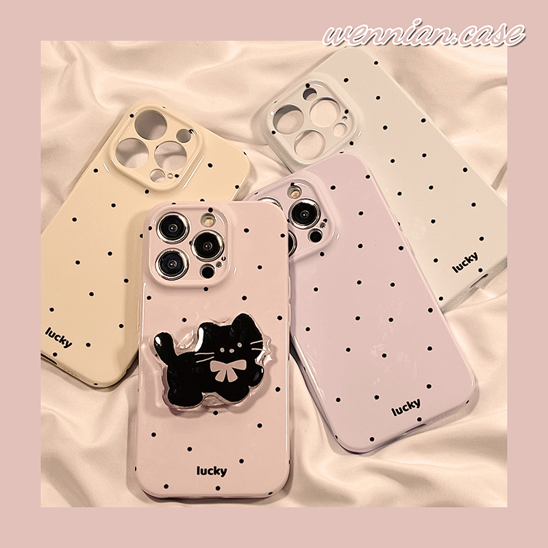 韩系简约波点适用苹果15promax手机壳少女心iPhone14带猫咪支架13pro硅胶11新款14pro防摔12女款15全包保护套