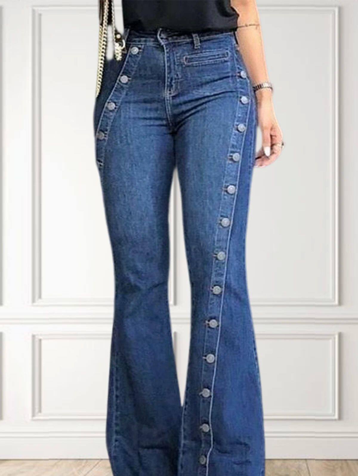 WOMEN FASHION PLAIN BUTTON DECOR FLARE LEG LONG DENIM PANTS