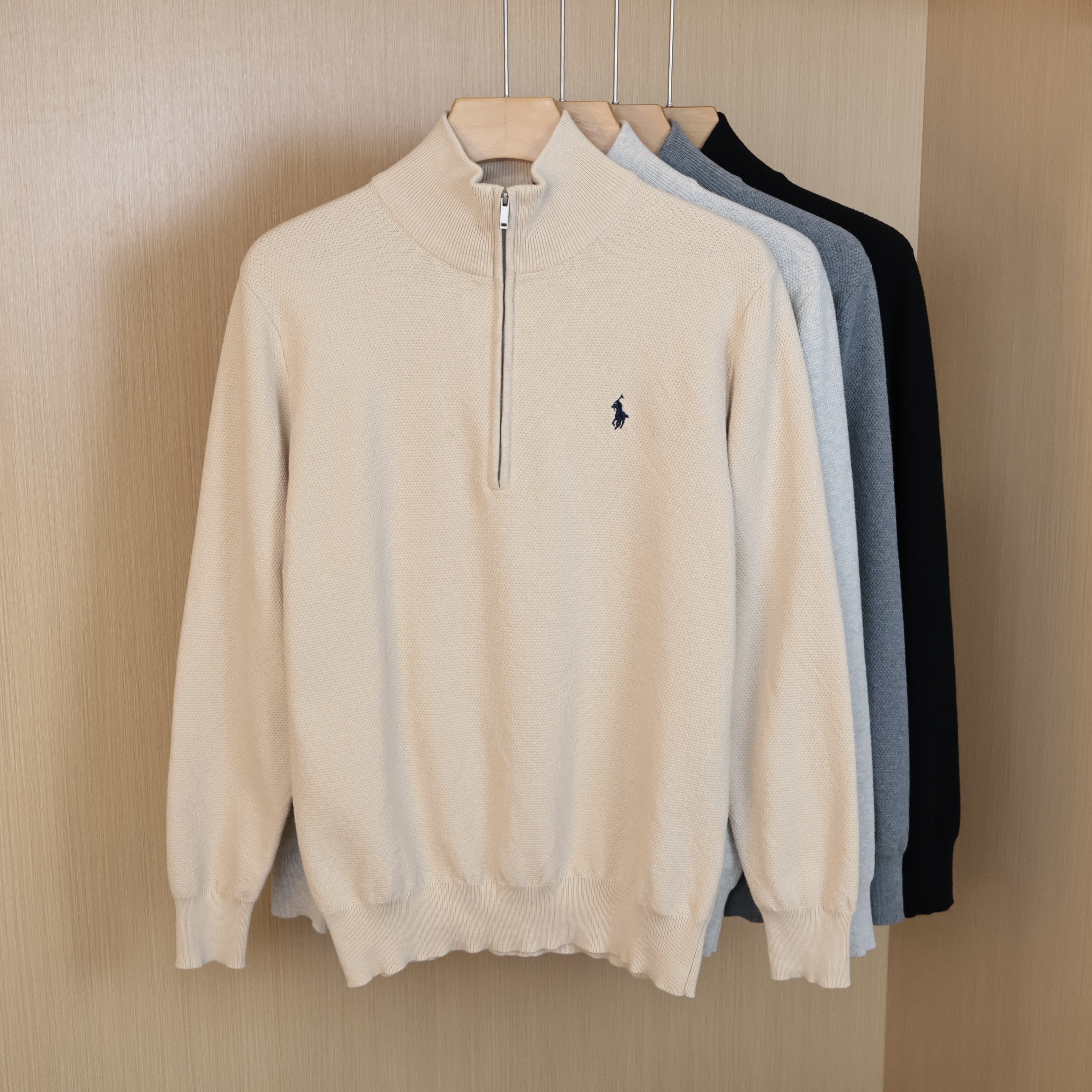 欧洲站骑士刺绣半高拉链毛衣男士纯棉休闲百搭立领针织衫打底秋冬