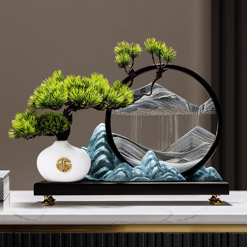 新中式迎客松摆件创意山水流沙画沙漏客厅玄关办公室高档装饰品