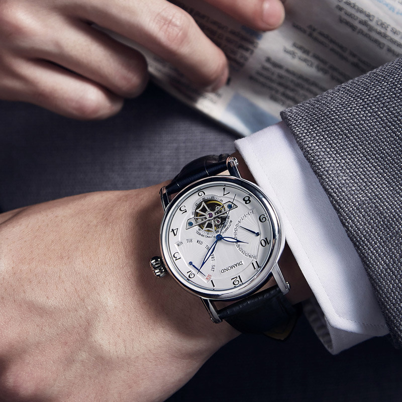 上海钻石手表男镂空飞轮自动机械表日历星期3302多功能男士腕表
