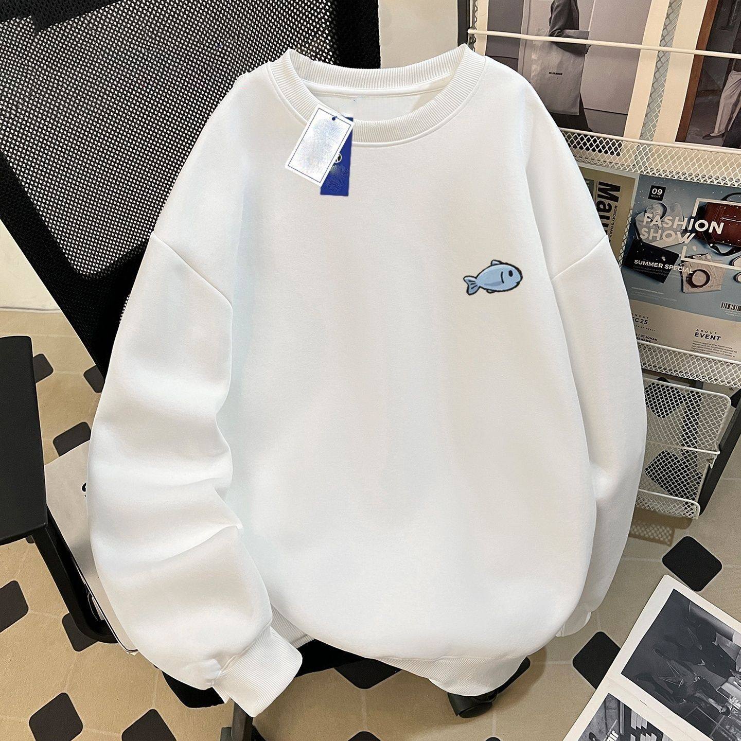 重磅美式圆领含棉卫衣小鱼印花潮牌秋冬季新款港风宽松加绒上衣潮