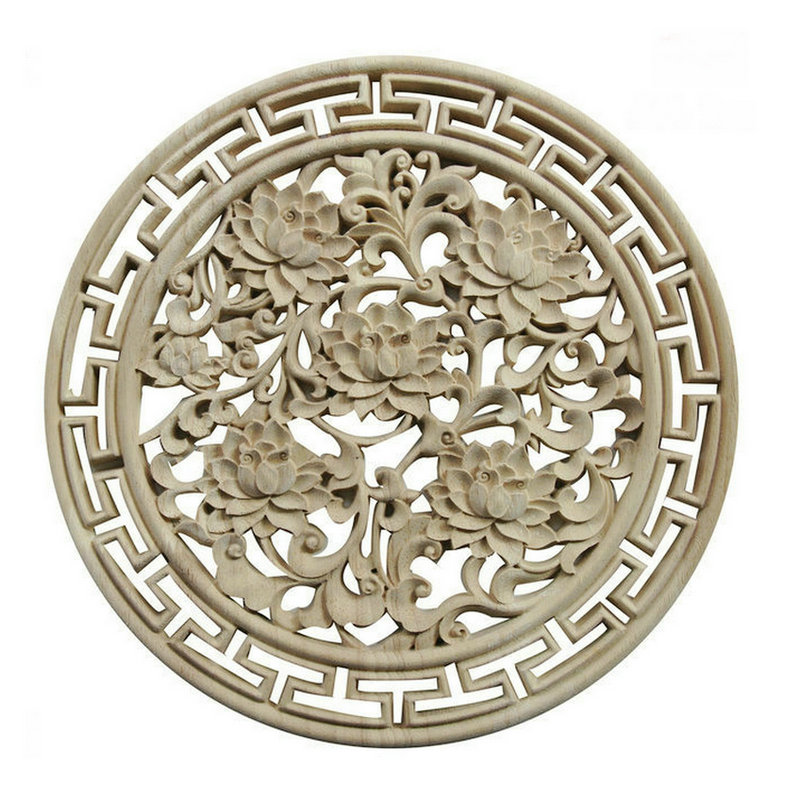 实木雕花贴花 欧式牡丹花圆形浮雕护墙板装饰贴片 橡胶木未油漆