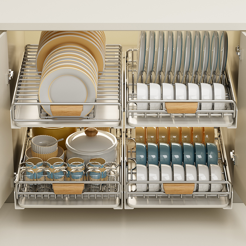 免打孔抽屉式碗架碗碟收纳架厨房拉篮抽拉碗柜碗盘防锈沥水置物架