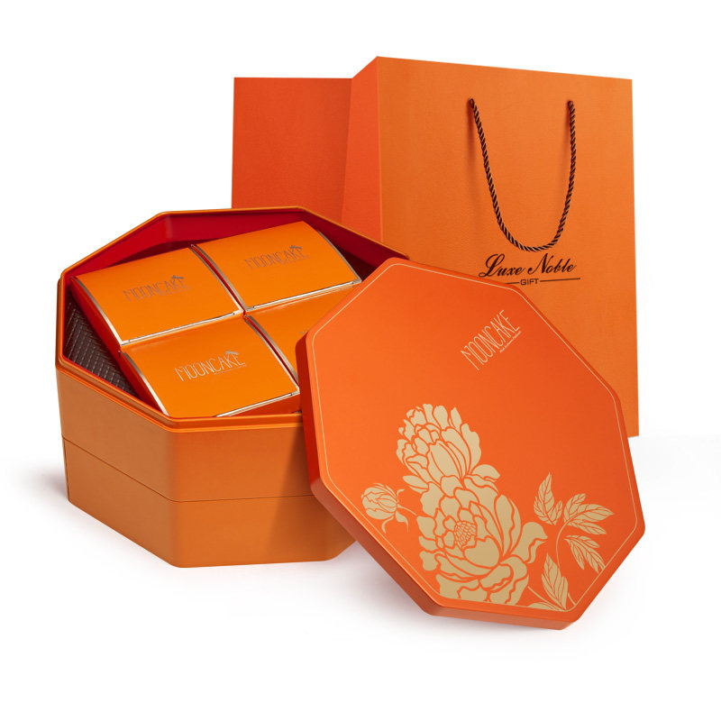 中秋八角长方4粒8粒单双层铁盒罐广式月饼礼盒红色包装酒店盒定制