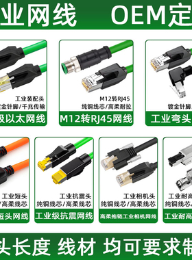 工业网线定制高柔拖链耐高低温阻燃跳线双屏蔽工业相机M12转RJ45t