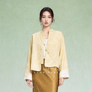 惊春 袖 莨西子新中式 外套女2026春款 口撞色上衣 国风桑蚕丝短款