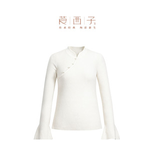 【清】莨西子新中式国风立领绵羊毛套头毛衣女秋冬喇叭长袖打底衫