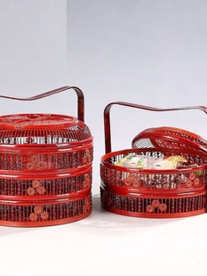 送饭提篮多层竹编篮子制品鸡蛋月饼红色结婚婚礼手提食盒仿古中式