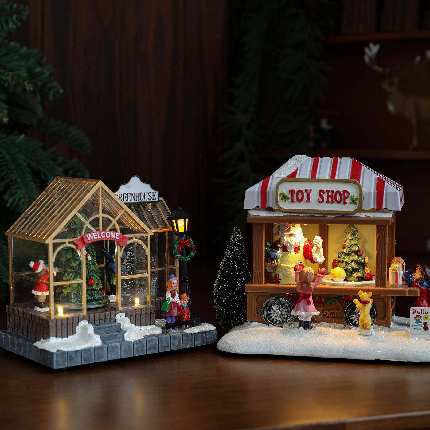 新款树脂圣诞屋子彩色发光阳光屋商店圣诞桌面橱窗摆件创意装饰