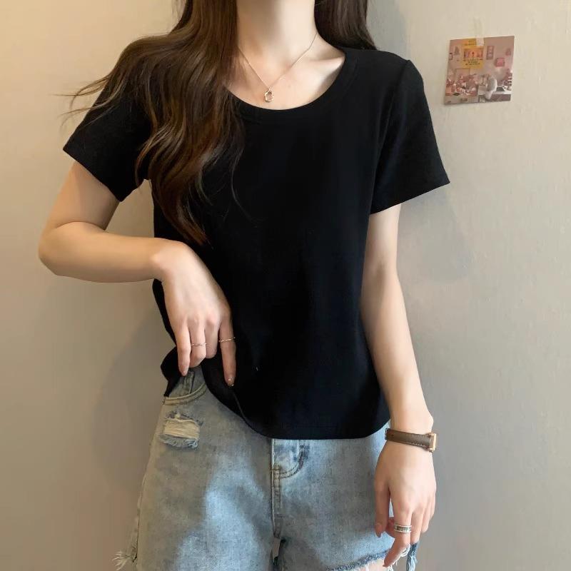 大码女装遮肚子显瘦U领短袖t恤打底衫夏季胖妹妹百搭纯棉正肩上衣