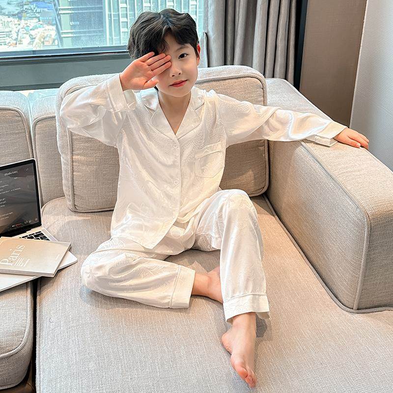 韩国男童睡衣春秋冰丝2024青少年秋季长短袖大儿童家居服空调套装
