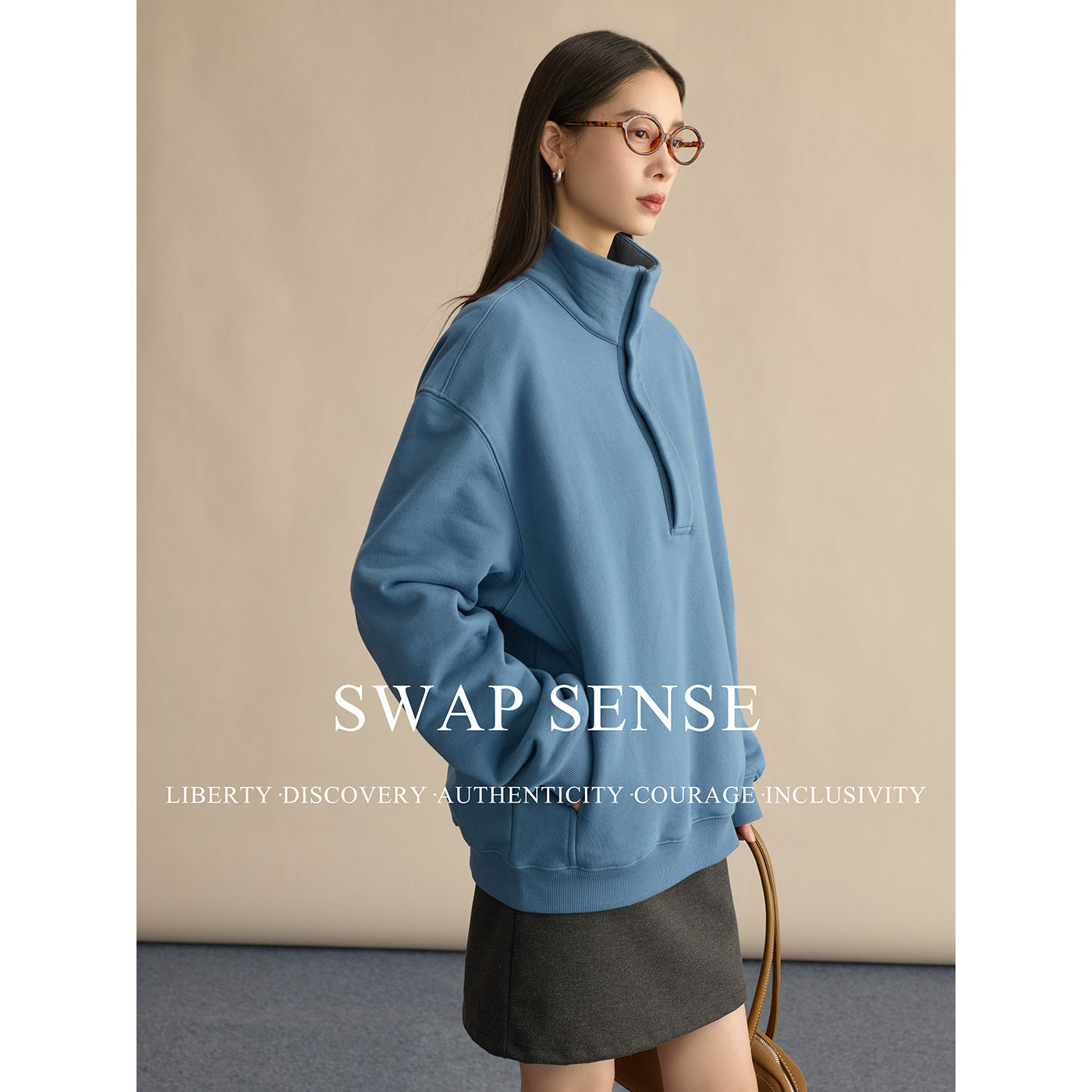 SWAP SENSE云间叙蓝·复古休闲运动慵懒半拉链蓝色卫衣2026年新款,女装/女士精品,短外套,淘宝优惠券,粉丝福利购,淘宝优惠卷