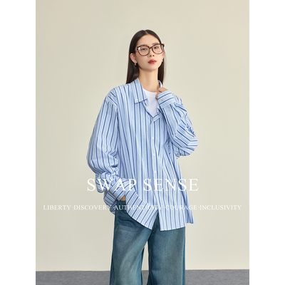 SWAP SENSE蓝海风诗·复古休闲蓝色条纹衬衫廓形上衣2026早春新款