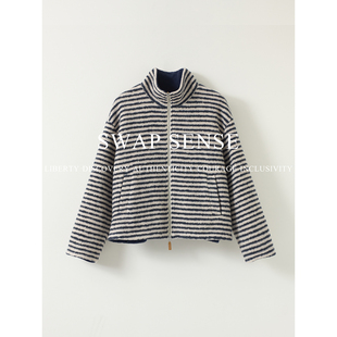 SWAP SENSE· 复古休闲圈圈呢条纹立领松弛感羊羔毛摇粒绒外套