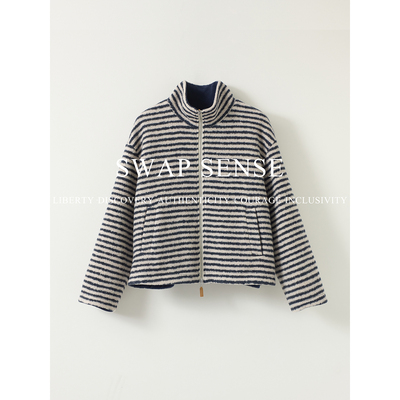 SWAP SENSE· 复古休闲圈圈呢条纹立领松弛感羊羔毛摇粒绒外套