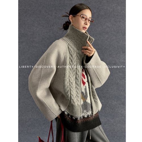 SWAP SENSE灰度诗篇·高领长袖麻花纹短款立领隐形拉链灰色短外套