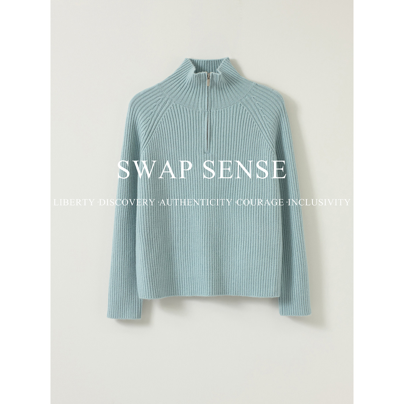 SWAP SENSE碧漪织序·复古休闲简约浅绿色针织半高领打底拉链毛衣,女装/女士精品,毛针织衫,淘宝优惠券,粉丝福利购,淘宝优惠卷