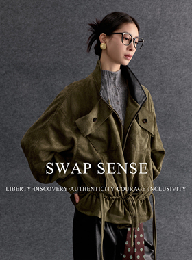 SWAP SENSE城野游侠·立领哈灵顿低腰抽绳设计廓形麂皮绒风衣外套