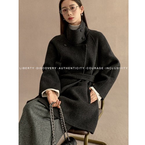 SWAP SENSE暮云絮语·绵羊毛慵懒立领双排扣双面呢大衣羊绒外套冬