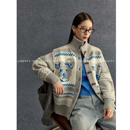 SWAP SENSE熊趣织语· 萌宠粗针小熊提花粗针织毛衣外套新款冬