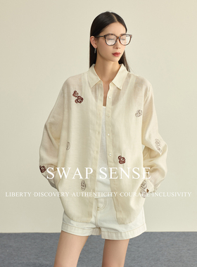 SWAP SENSE浅絮花吟·复古休闲杏色玫瑰刺绣松弛感罩衫衬衫上衣女