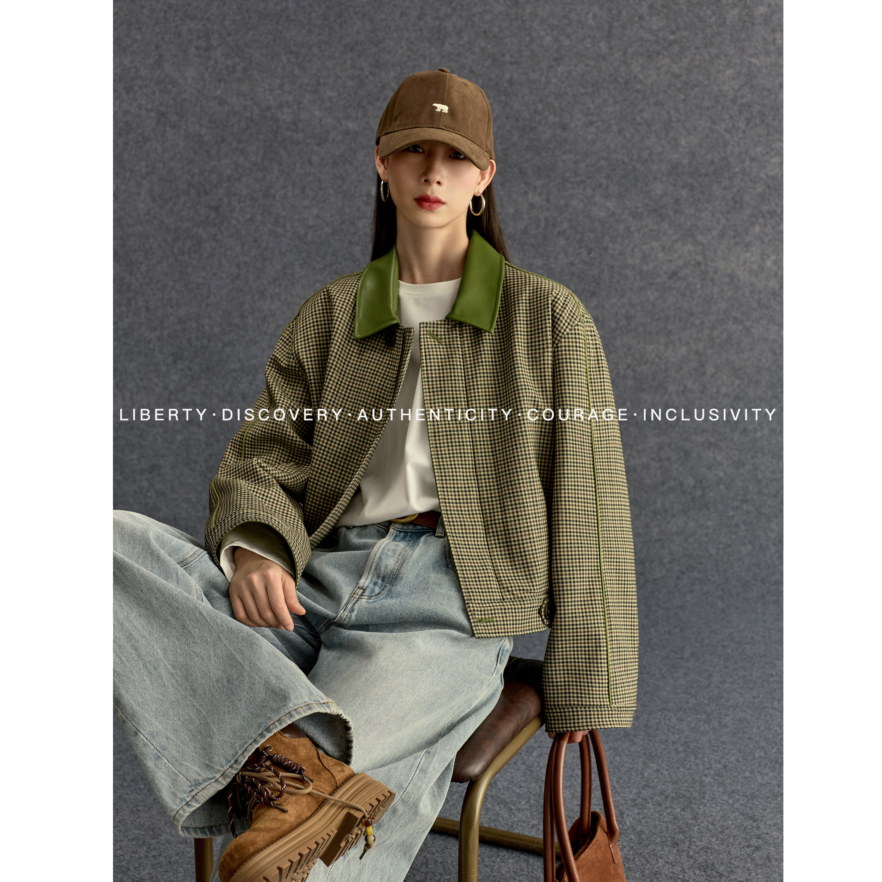 SWAP SENSE格度新生·美式复古拼皮绿格纹夹短外套2025年新款冬季