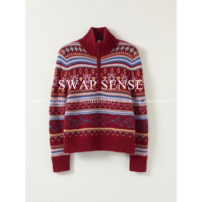 SWAP SENSE· 复古休闲拉链提花山针织衫中古红色新年毛衣冬季