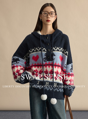 SWAP SENSE雪境甜织·复古休闲宽松廓形减龄连帽毛衣外套2026新款