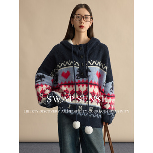 SWAP SENSE雪境甜织·复古休闲宽松廓形减龄连帽毛衣外套2026新款