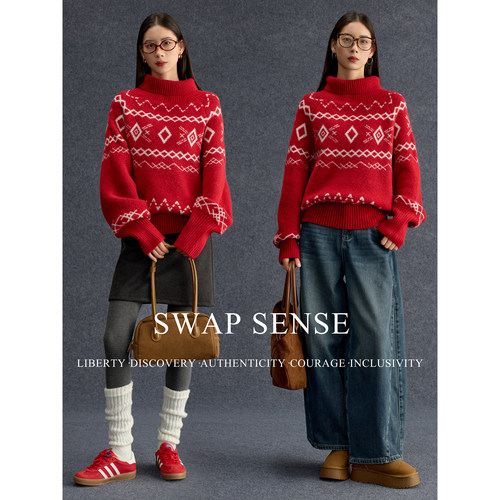 SWAP SENSE绯影菱织· 复古红色费尔岛毛衣蝙蝠袖高领新年战袍