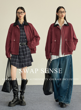 SWAP SENSE暮染拼织·复古休闲巴恩风撞色安可拉红色廓形拼接夹克