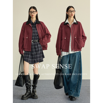 SWAP SENSE暮染拼织·复古休闲巴恩风撞色安可拉红色廓形拼接夹克